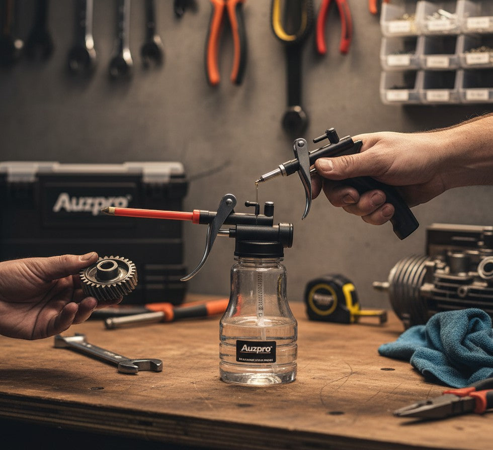 Auzpro 250cc plastic oil can with a flexible spout being used in a workshop setting to lubricate a metal gear.