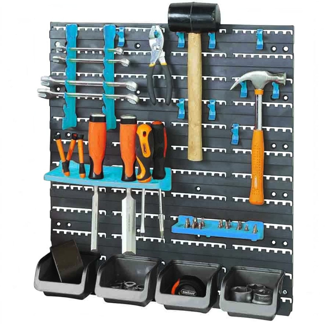 PKTool Tool Rack Set - 18 Piece Wall Mounted With Mounting Boards, 4 Parts Boxes & 12 Tool Hooks - PT80932