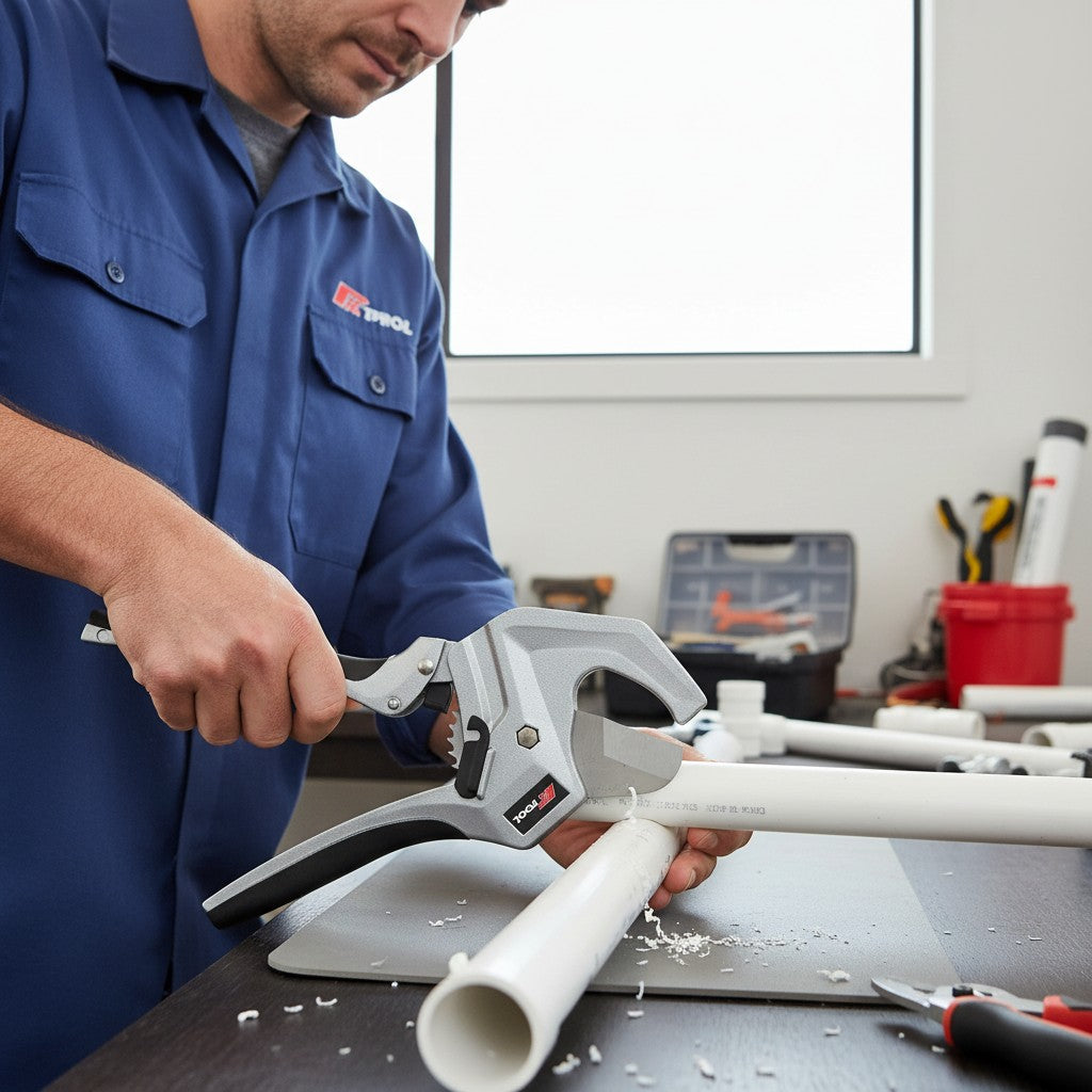 Auzpro PK Tool ratchet PVC pipe cutter with aluminium body and stainless steel blade cutting a white plastic pipe.