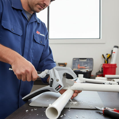 Auzpro PK Tool ratchet PVC pipe cutter with aluminium body and stainless steel blade cutting a white plastic pipe.