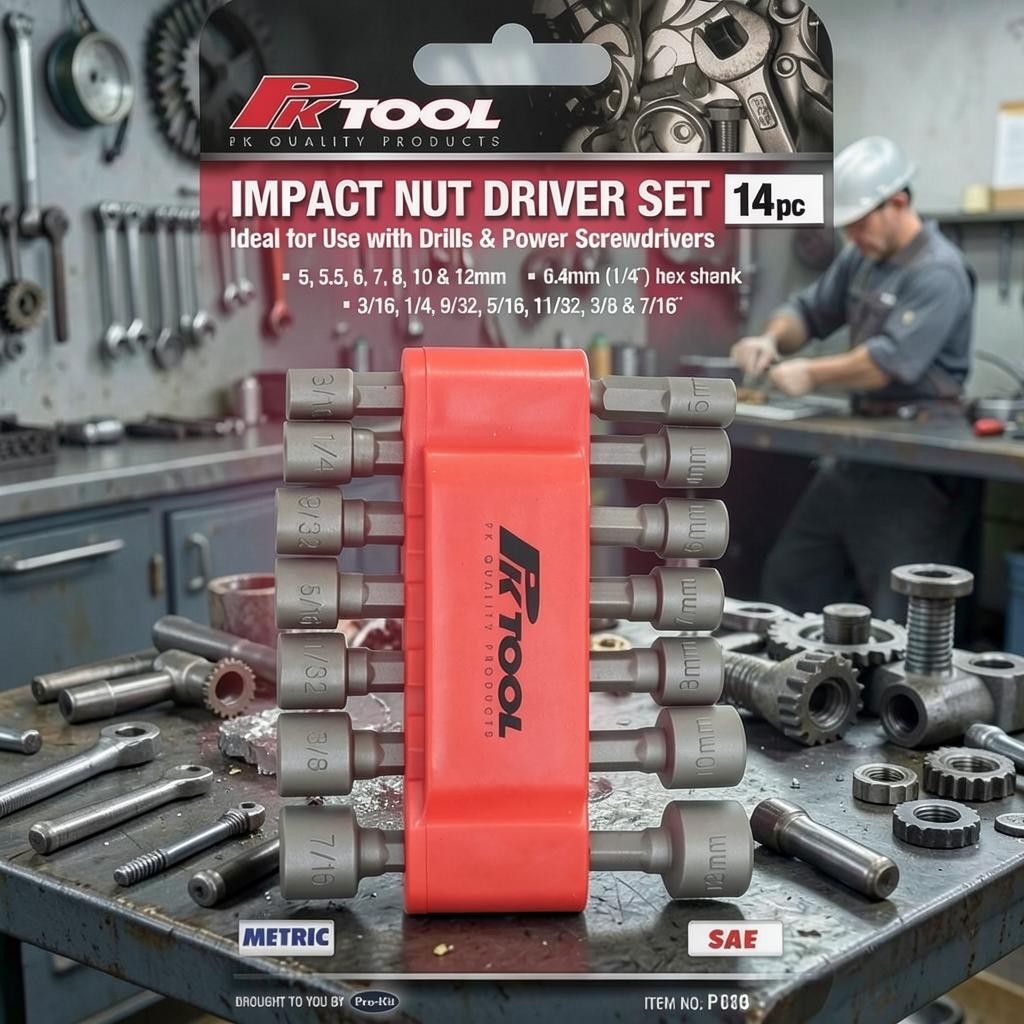 Auzpro PKTool 14-piece metric and SAE impact nut driver set with a red storage holder for power drills.