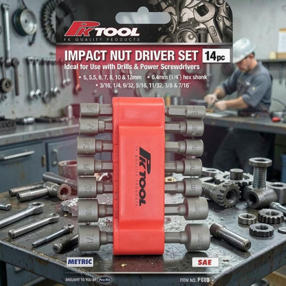 Auzpro PKTool 14-piece metric and SAE impact nut driver set with a red storage holder for power drills.