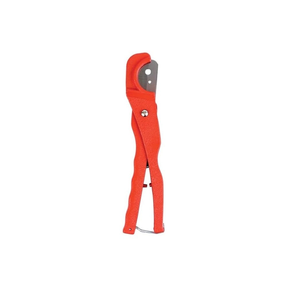Auzpro professional red plastic pipe cutter with a sharp blade and ergonomic handle for precise PVC and PEX cuts.