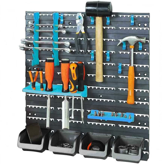 PKTool Tool Rack Set - 18 Piece Wall Mounted With Mounting Boards, 4 Parts Boxes & 12 Tool Hooks - PT80932