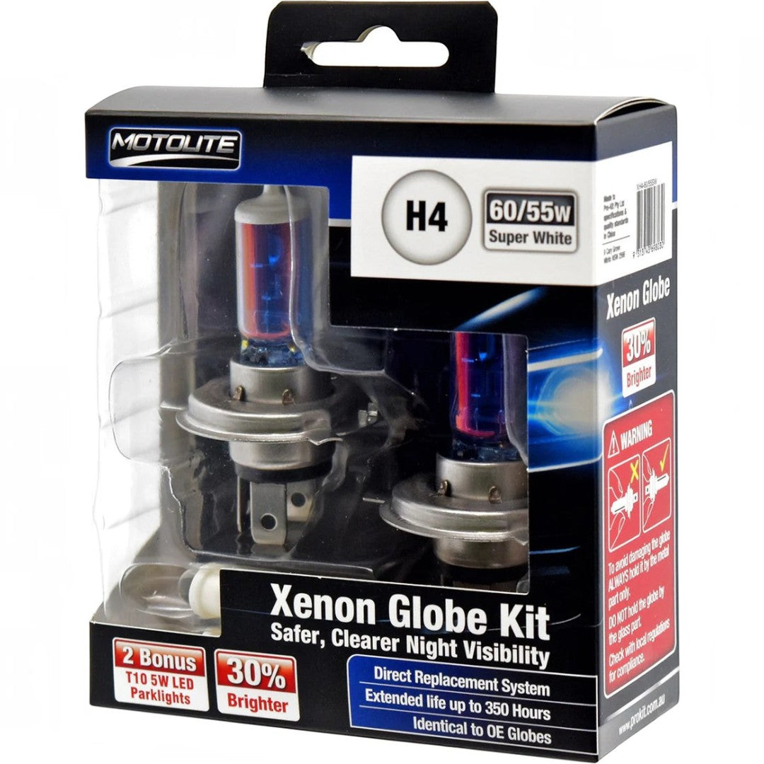 2pc XH4 60/55W Super White XENON Gas Filled Halogen Globe with BONUS 2pc T10 LED Globes – Motolite