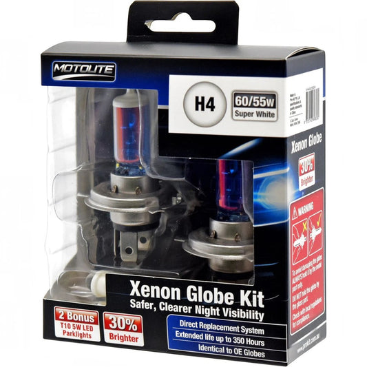 2pc XH4 60/55W Super White XENON Gas Filled Halogen Globe with BONUS 2pc T10 LED Globes – Motolite